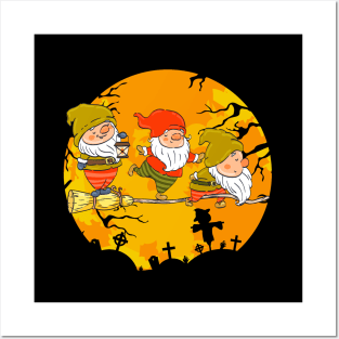 Halloween Witch Broom & Moon Three Gnomes Flying Posters and Art